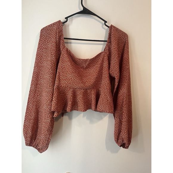 Altard State Balloon Sleeve Crop Top Wrap Front Long Sleeve Orange Hearts Size M - Picture 4 of 4